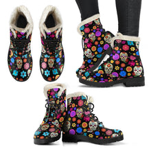Load image into Gallery viewer, Sugar Skull Party Faux Fur Vegan Leather Boots for Lovers of Skulls
