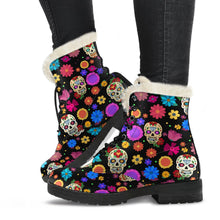 Load image into Gallery viewer, Sugar Skull Party Faux Fur Vegan Leather Boots for Lovers of Skulls
